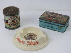 Three items of Players cigarettes advertising ware being a 'medium' circular tobacco tin, a gold