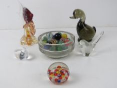 A quantity of glass paperweights two in the style of Wedgwood being a duck and another bird, also
