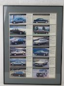 A framed montage of the c1980s Mercedes range comprising twelve vehicles.