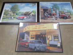 Three assorted motoring themed framed jigsaw puzzles (completed).