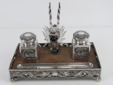 A superb 19th century Chinese Qing Dynasty silver and wood decorative desk standish bearing marks