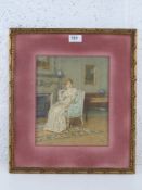 Charles Green RI (1840-1898) watercolour of a lady in white dress seated with fire place and piano