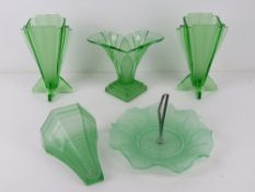 A pair of Art Deco green glass vases, together with a frosted green glass Art Deco wall pocket,