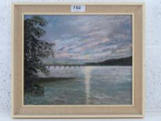 Acrylic on board, unknown artist, dusky lakeside scene, bridge and mountains beyond, 30 x 24cm.