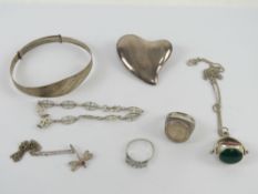 A quantity of silver and white metal jewellery including sterling silver bangle, 925 heart brooch,