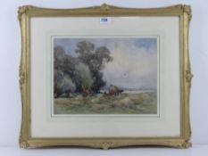 Watercolour; hayfield with hay cart, horse and rickmakers, trees and sky beyond. Unsigned 25 x 34cm.