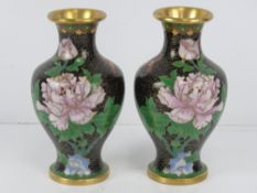 A pair of contemporary baluster cloisonné Canton enamel vases , black ground,