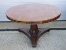 A good late 19thC rosewood breakfast or Loo table raised over triform support upon a triangular