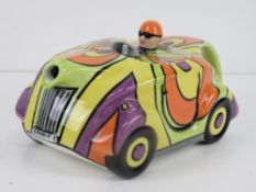A Lorna Bailey teapot in the form of a racing car, 'Groovy 1' floral pattern,