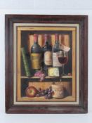 Oil on board; a fine contemporary Bacchus painting depicting a shelf of red wine bottles, glass,