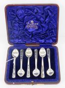 A set of six white metal niello teaspoons, no apparent hallmarks, in associated case, 85.2g / 2.