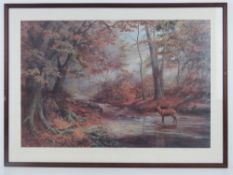 A signed print of an original painting by Elizabeth M Halstead entitled 'Woodland Stream' depicting
