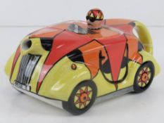 A Lorna Bailey teapot in the form of a racing car, 'DECO 1' pattern,