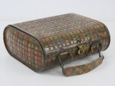 A vintage Huntley & Palmer biscuit tin in the form of a woven handbag, cardboard handle, 17.