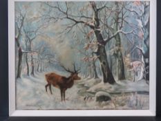 Oil on canvas; a stag in snowy forest, signed lower left Lutllrustrueiz '48, 80 x 64cm, framed.
