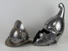 Two reenactor or display pieces: A Spanish 16th century style helmet and a medieval knights style