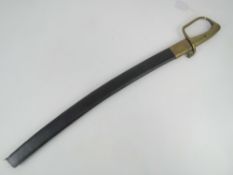 A cavalry sword having curved blade, brass grip and leather covered scabbard.