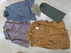 Assorted repro clothing, WWII British Leather Jerkin Size 3, German SA Shirt size XL,