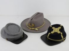Three reenactor hats being; Confederate blue US Civil War Colonel cap size medium,
