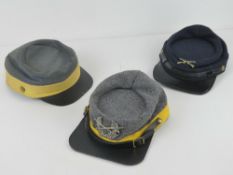 Three reproduction US Civil War caps being Confederate (x2) and Union size XL.