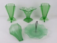 A pair of Art Deco green glass vases, together with a frosted green glass Art Deco wall pocket,