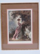 A framed print from a painting in the Wallace Collection depicting a Georgian lady carving her name