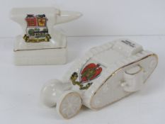 Two items of crested ware being a British tank by Willow Art and Gretna Green Blacksmith Anvil.
