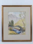 Watercolour by Eve Watson 'Pack horse bridge', signed lower right, 31.5 x 24cm, framed and glazed.