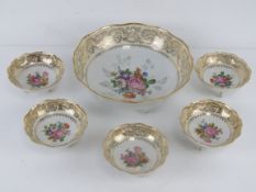 A Limoge fruit bowl with five individual serving bowls marked to base Jammet Seignolles,