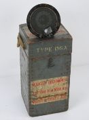 A WWII British compass type 06A in wooden transit case with canvas strap.