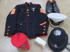A quantity of re-enactor's military uniform inc Red SS Fez WWII, Essex Police Helmet size large,