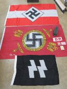 A quantity of reproduction Gewrman militaria; sidecap size 58, DR German armband, flags.
