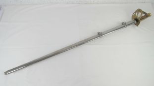 A reenactor Napoleonic style having wooden wire bound grip and brass knuckle guard.