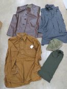 Assorted repro clothing, WWII British Leather Jerkin Size 3, German SA Shirt size XL,