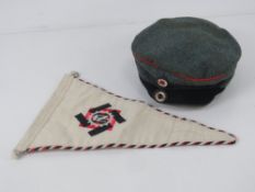 Two reenactor items being a German Teno First Aid flag and an Imperial German Feldmutze Pioneer cap.