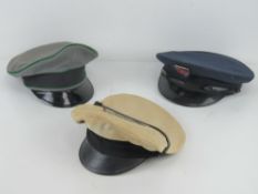 Three reproduction WWII caps being German Order Police crusher cap (Size 56),