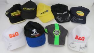 A quantity of autographed baseball caps some motoring themed, signatures unknown,