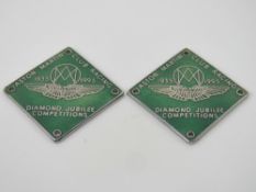 A pair of Aston Martin Club Racing Diamond Jubilee Competitions badges in chrome and green enamel.