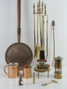 A quantity of assorted copper and brass inc toasting fork, copper plated tankards,