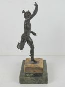A cast metal sculpture of Hermes raised over marble base, all standing 25cm high.