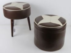 A matched pair of c1960s/1970s footstools in brown and white leatherette, each approx 30cm dia.