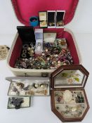 A quantity of assorted vintage and modern costume jewellery and jewellery box,
