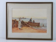 Watercolour by Jean Wheeler being a seaside scene of family with bucket and spade and model boat,