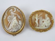 A carved shell cameo brooch of a Roman goddess on chariot, stamped 9ct to the frame,