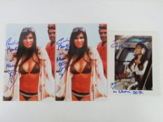 Caroline Munro autographs; three hand si