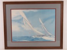 A sailboat print, framed and mounted.