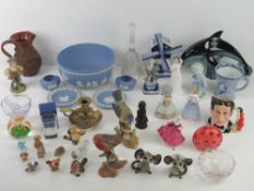 A quantity of assorted glass and ceramics inc three Royal Doulton female figurines,