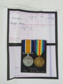 A WWI Victory and War Medal pair, engraved for Pte. R.H. Polley 43521. Also copy Medal Card.