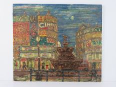 David Martin XX Social History Heavy Oil on board Piccadilly Circus with statue of Eros before the