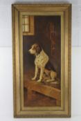 XIX Canine / Hunting Oil on canvas Portrait of a seated Favourite Fox Hound ( dog) with hunt